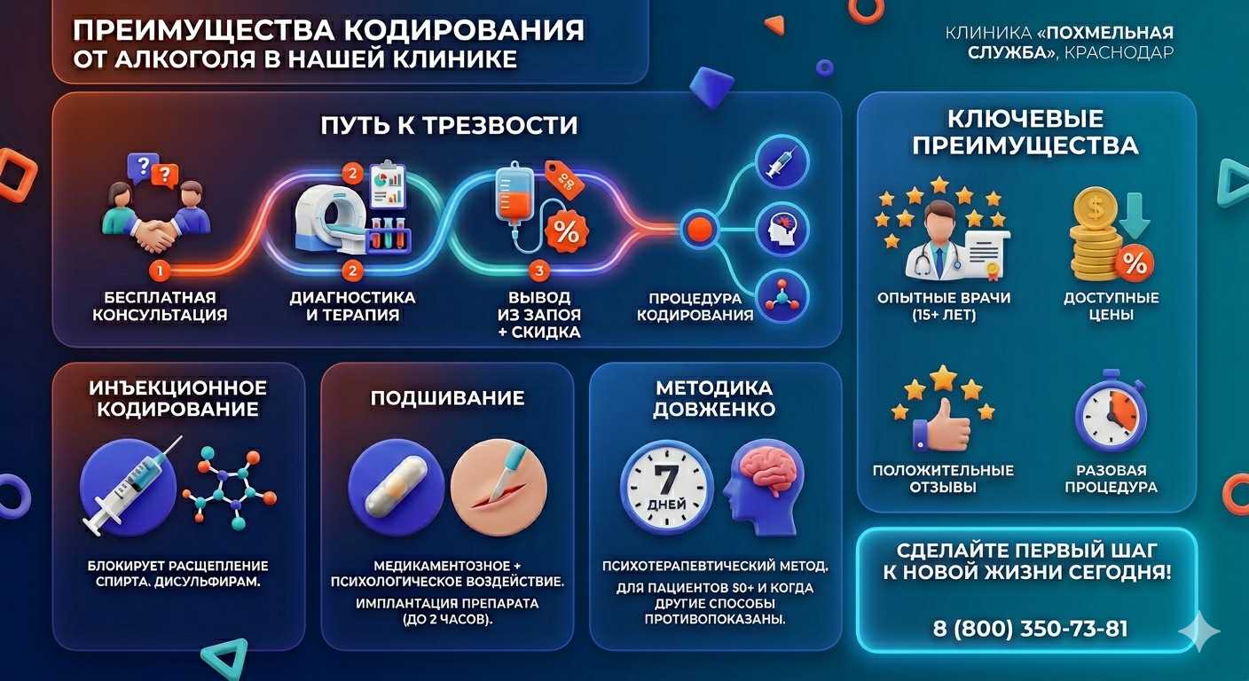 Инфографика о методах кодирования от алкоголя в Новомичуринске: инъекции, подшивание, метод Довженко. Преимущества клиники и этапы лечения.