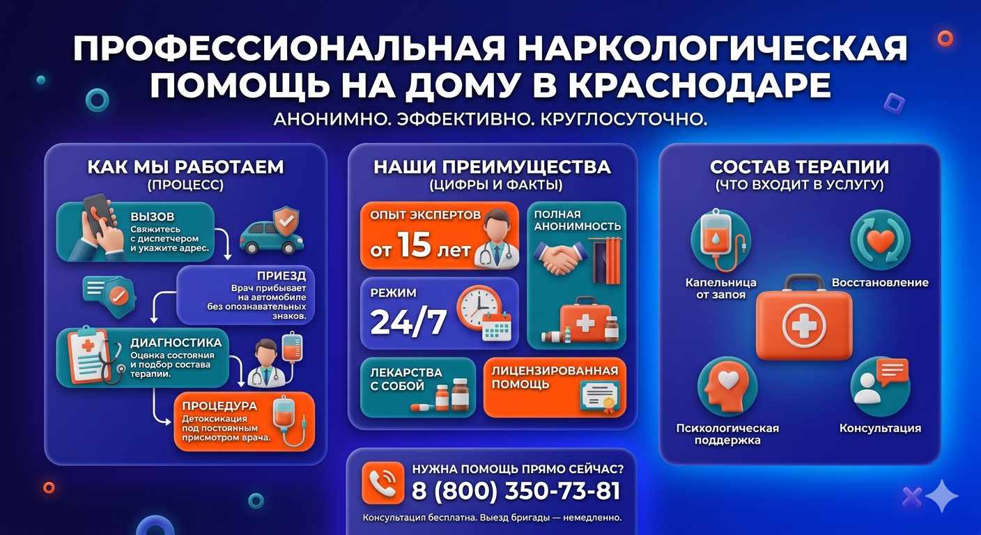 Инфографика о принципах лечения алкоголизма на дому в Новомичуринске: этапы вызова нарколога, преимущества анонимной детоксикации и состав медицинской помощи.